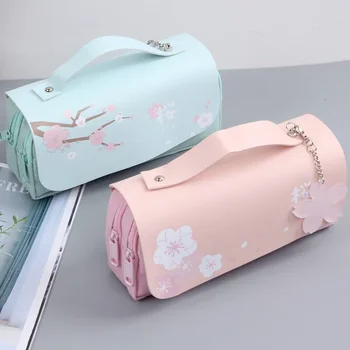 1ps Sakura PU кожаный чехол для ручки Kawaii Канцелярские принадлежности Линейка Сумка для школьницы Сладкий ластик Держатель Подарочная коробка Хранение цветов