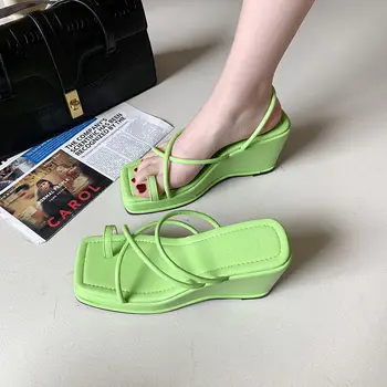 2022 Зеленые новые летние женские сандалии Два Ношение на открытом воздухе Узкая полоса Обувь Дамы Высокие Клинья Каблук Скольжение Шлепанцы zapatos mujer 4