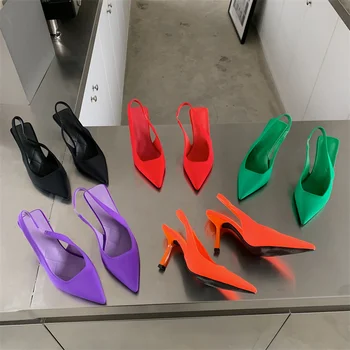 2022 Мода Элегантные Женщины 9 см Высокие каблуки Тапочки Леди Слингбэк Мюли Фиолетовый Зеленый Оранжевый Каблуки Роскошные Слайды Свадебная обувь