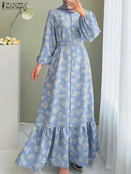 2023 ZANZEA Мода Дубай Длинное платье Мусульманский сарафан с цветочным принтом Длинный рукав О-образный вырез Халат Женщина Повседневная Элегантные оборки Vestido