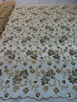 2023 Высокое качество Роскошные французские тюлевые бусины Сетчатая кружевная ткань Африканские пайетки Кружевная ткань для Нигерии Свадебное платье Вечеринка Шитье C 1