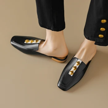 2023 Летние тапочки Женская обувь из натуральной кожи для женщин Квадратный носок Низкий каблук Мюли Элегантные сандалии Женщины Cover Toe Slides 3