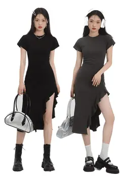 2023 Летняя женская одежда Платье с нерегулярными оборками Эластичное трикотажное хлопковое дышащее платье Французское винтажное макси-платье Черный