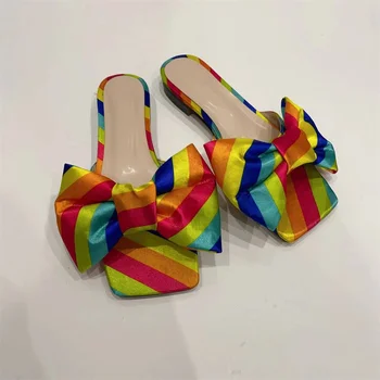 2023 Лето Новая Женская Мода Плоский Квадратный Носок Цвет Соответствующий Тапочки Подиум Шоу Галстук-бабочка