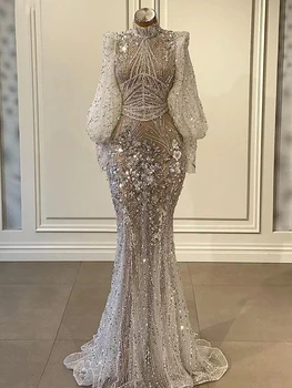 2023 Новые серебряные роскошные вечерние платья русалки с полными рукавами бисером элегантные для женщин вечерние длинные выпускные платья Vestido Fiesta Noche