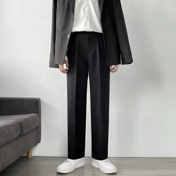2023 Новый летний повседневный костюм Брюки Мужчины дышащие корейские модные брюки с полуширокой полосой на талии Прямые свободные брюки с драпировкой M07
