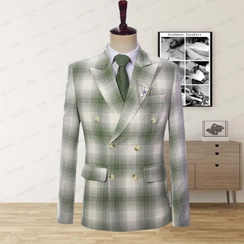 2023 Новый мужской комплект в зеленую полоску Пик Край Лацкан Двубортный мужской пиджак Повседневный Свободный Свадебный Повседневный Вечеринка Slim Fit