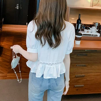 2023 Повседневная женская рубашка с коротким рукавом Новая мода Белая блузка на пуговицах Женская элегантная летняя женская одежда V-образный вырез топы 26362 5