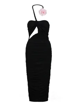 2023 Роскошное дизайнерское черное бандажное платье для женщин Летний недоуздок с розовым цветком Спинка до колен Вечерние платья для вечерних вечеринок 1