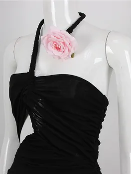 2023 Роскошное дизайнерское черное бандажное платье для женщин Летний недоуздок с розовым цветком Спинка до колен Вечерние платья для вечерних вечеринок 3