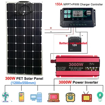 3000 Вт DC to AC Солнечная энергетическая система 300 Вт Солнечная панель 150 А Контроллер заряда 110/220 В Инвертор Зарядное устройство Комплект для выработки электроэнергии