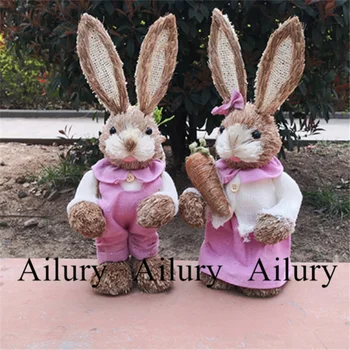 35 см лесной плетеный соломенный кролик, розовый бант и корзина Buuny Cover, ручная работа, незаменимый для фотографии, пасхальный подарок, украшение дома 0