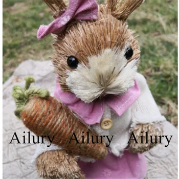 35 см лесной плетеный соломенный кролик, розовый бант и корзина Buuny Cover, ручная работа, незаменимый для фотографии, пасхальный подарок, украшение дома 2