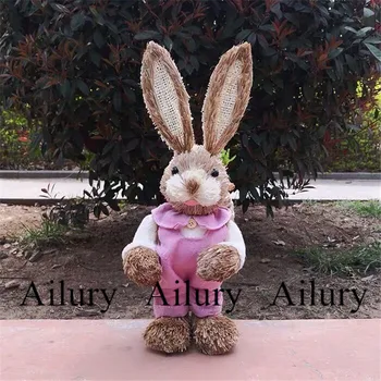 35 см лесной плетеный соломенный кролик, розовый бант и корзина Buuny Cover, ручная работа, незаменимый для фотографии, пасхальный подарок, украшение дома 3