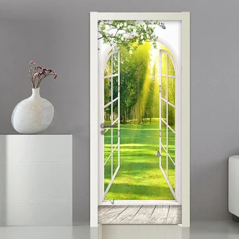 3D Окно Солнечный свет Зеленые деревья Пейзаж Дверь Наклейка на стену Настенные наклейки Гостиная Спальня Самоклеящиеся обои для дверей