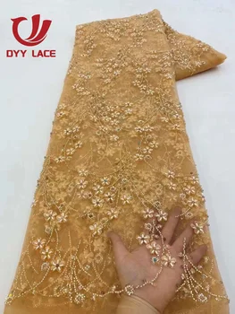 3D Цветок Африканская кружевная ткань 2023 Пайетки Вышивка Жених Нигерийская Высококачественная Тюль Кружевная Ткань Для Бисерной Свадьбы 5 Ярдов