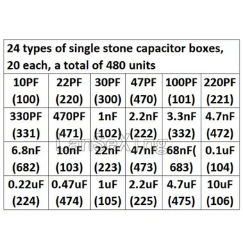  480 штук 24 видов одиночных каменных конденсаторных коробок с безэлектродной коробкой для образцов керамических конденсаторов 10PF ~ 10 мкФ 50 В 1