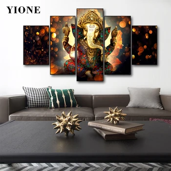 5 панель Золотой слон Статуя Бога Холст Картины Набор Искусство Животные Буддизм Религиозные Картины для Комнаты Настенные плакаты и принты 0