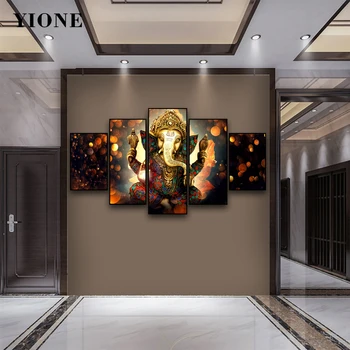 5 панель Золотой слон Статуя Бога Холст Картины Набор Искусство Животные Буддизм Религиозные Картины для Комнаты Настенные плакаты и принты 3