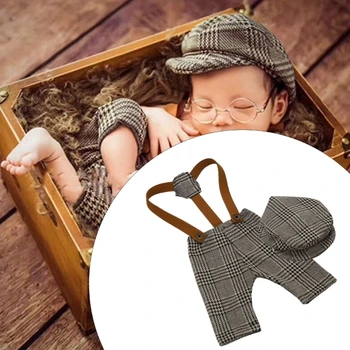 57EE Наряд для мальчика для памятных фотографий Клетчатый комбинезон с набором шляп Подарок 1