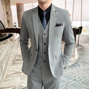 5XL ( Блейзер + Брюки + Жилет )Высокое качество Мужчины Простой Бизнес Элегантный Мода Собеседование при приеме на работу Джентльменский костюм Тонкий костюм из 3 частей