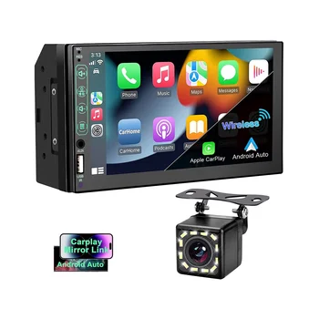 7-дюймовый автомобильный стереофонический HD-сенсорный экран с двойным дином, Carplay Android Auto, 12-светодиодная камера заднего вида, зеркальная связь, USB / AUX, FM авторадио 1