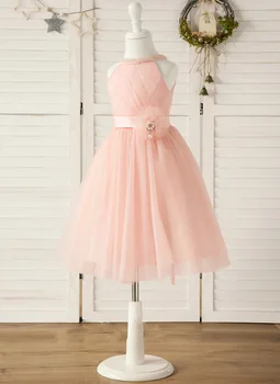 A-line Scoop Тюль до колен Платье для девочки из тюля Платье принцессы Платье для свадебной вечеринки Детское платье для первого причастия