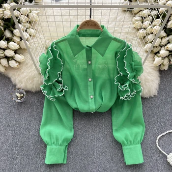 ALPHALMODA 2023 Осенний свет Роскошная сетчатая рубашка в стиле знаменитостей Женская летняя 3D цветок с длинным рукавом Уникальный топ