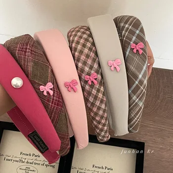 American Bow Headband Розовый сладкий обруч для волос Plaid Headband Фиксатор волос Аксессуары для волос для женщин