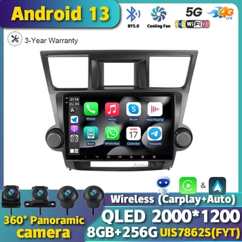 Android 13 для Toyota Highlander 2 XU40 2007-2013 Мультимедийный автомобильный плеер Навигация GPS Сенсорный экран Стерео Радио 360 Камера QLED 0