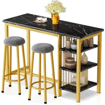AWQM Барный стол с полками для хранения, 47-дюймовый современный черный стол для завтрака из искусственного мрамора с 2 бархатными табуретами, обеденный стол из 3 предметов