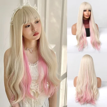 Blonde Mixed Pink Длинные волнистые синтетические парики с челкой Бежевый косплей Лолита Волосы Парик для женщин Натуральное термостойкое волокно для вечеринок