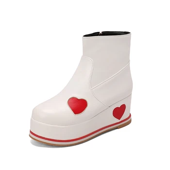 BLXQPYT Botas Mujer 2022 Женские каблуки на платформе Белые кожаные сапоги Студентки для девочек Коренастые ботинки Плюс размер 30-48 Танкетка Sheos A980 0