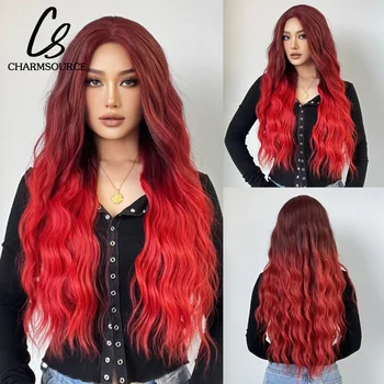 CharmSource Длинные натуральные волнистые синтетические парики Косплей Середина Сплит Красный Кудрявый Парик Для Женщин Ежедневная Вечеринка Термостойкие Волокнистые Волосы