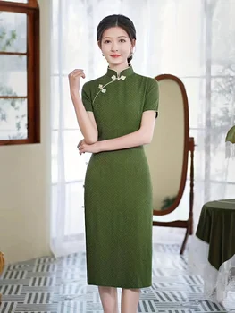 Cheongsam Qipao Платье С коротким рукавом Мандариновый воротник Боковой разрез Платье Китайский традиционный костюм Женская одежда