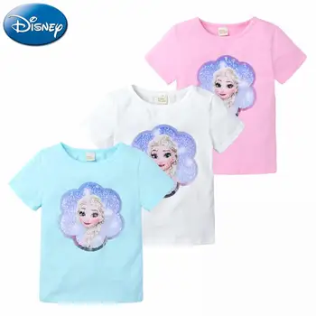 Disney Замороженная детская футболка Девушка с пайетками Двусторонняя рубашка с короткими рукавами Эльза Принцесса Одежда Топ Рубашка Мультяшная одежда