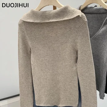 DUOJIHUI Хаки Сладкий вязаный свитер Тонкие женские пуловеры Осень Шикарный вырез с длинным рукавом Мода Простые повседневные женские пуловеры 5