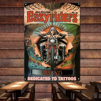 Easy Rider ПОСВЯЩАЕТСЯ ТАТУИРОВКАМ Покраска мотоцикла для гаража Винтажный декор Баннер Стена Флаг Заправочная станция Человек Пещера Авто Плакат 0