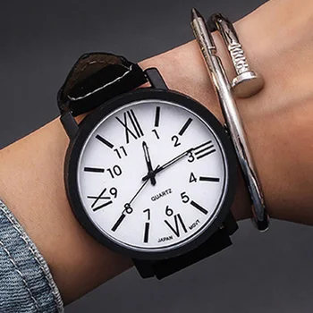 Fashion Цифровые часы с большим циферблатом Мужские спортивные часы Кожаный ремешок Аналоговые кварцевые наручные часы Унисекс Montre Homme Reloj Hombre