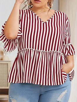 Finjani Повседневная блузка больших размеров, женская плюс полоска с принтом салата Отделка с коротким рукавом V-образным вырезом Слегка эластичный топ 0