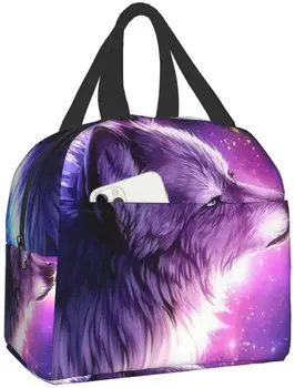 Galaxy В космосе Wolf Lunch Box Дорожная сумка Многоразовые изолированные сумки-холодильники для ланча Девочки Мальчик Симпатичная сумка для пикника Ремень для школы