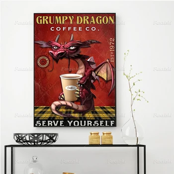 Grumpy Dragon Coffee Co Serve Yourself Retro Painting Posters and Prints on Canvas Настенные картины для домашнего декора