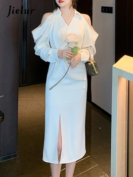 Jielur V-образный вырез плиссированные чистый цвет элегантные женские платья новый французский стиль тугие бедра тонкая талия абрикос мода женское платье миди 2