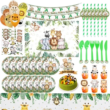 Jungle Birthday Party Украшение Одноразовая посуда Сафари Тема Бумажные стаканчики Тарелки Зеленые листья Воздушные шары Скатерть Детские подарки