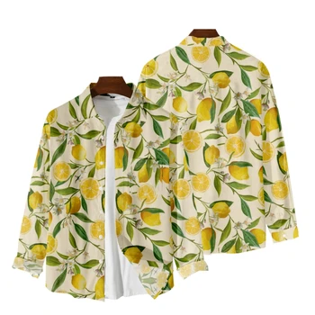 Lemons Печать Рубашки с длинным рукавом V-образным вырезом Отложной воротник Рубашка на пуговицах Повседневные топы