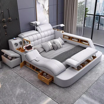 Linlamlim Luxury King Size Кровать из натуральной кожи / Tech Smart Bed / Многофункциональные кровати Ultimate / Массажная кровать с USB, проектором