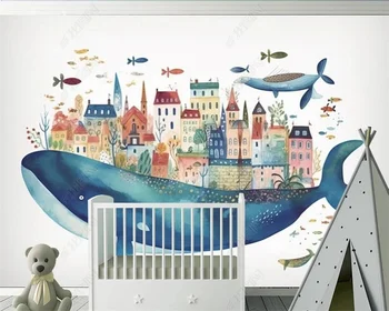 Milofi mignon peint à la main monde sous - Marin baleine aquarelle plante Chambre d'enfant fond mural mural tissu mural