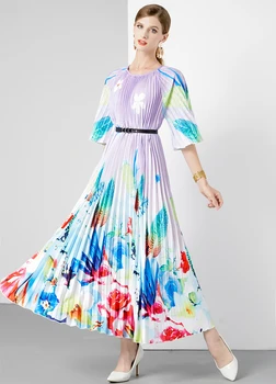 Miyake Плиссированное модное женское платье свободного кроя с о-образным вырезом 2024 Длинное лето с цветочным принтом Половина рукава Высокоэластичное женское платье