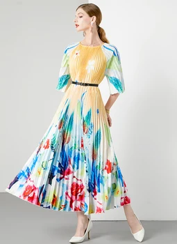 Miyake Плиссированное модное женское платье свободного кроя с о-образным вырезом 2024 Длинное лето с цветочным принтом Половина рукава Высокоэластичное женское платье 1