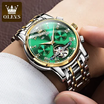 OLEVS 6607 Модные водонепроницаемые мужские наручные часы, Автоматические механические многофункциональные часы с ремешком из нержавеющей стали для мужчин